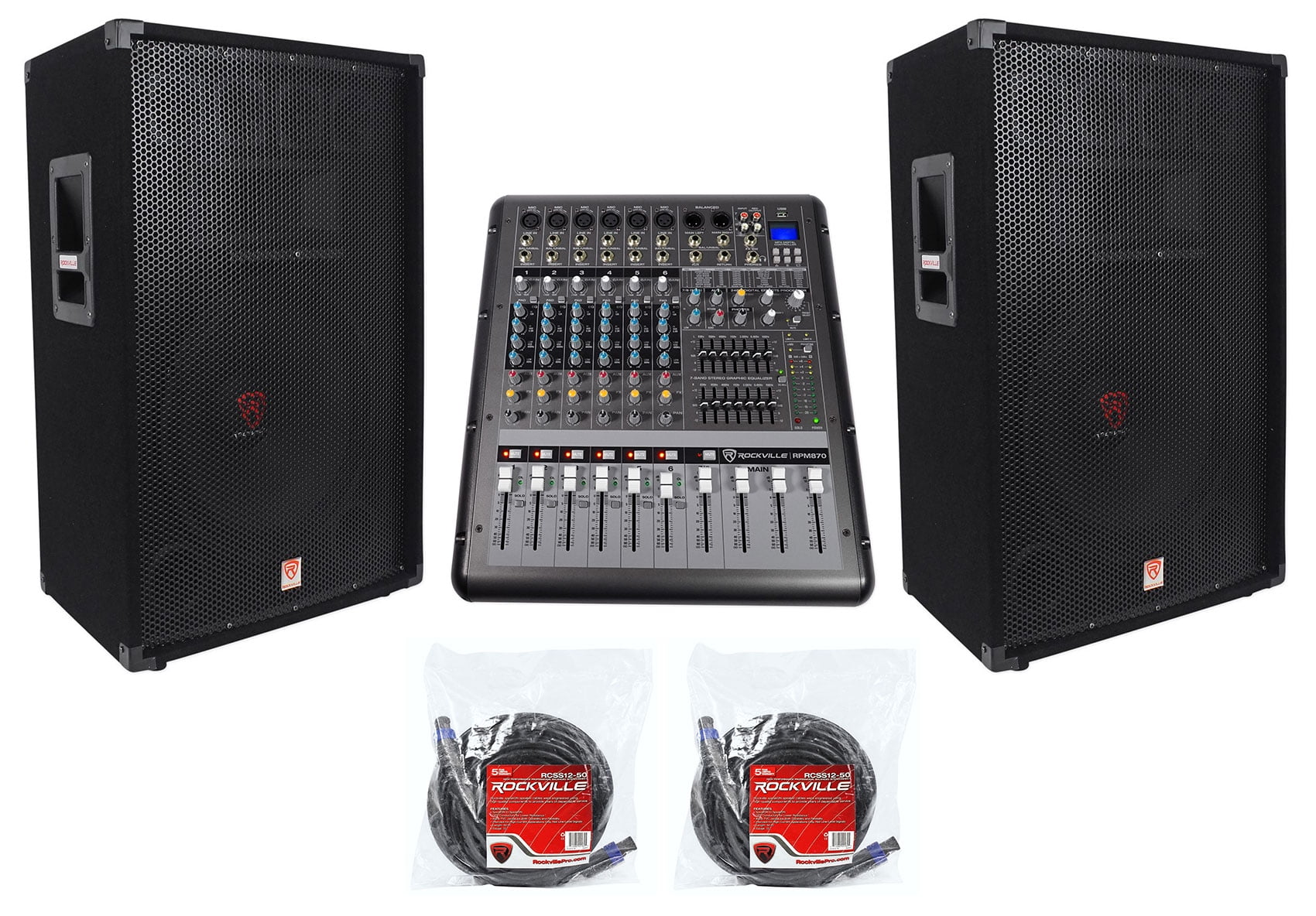 2) Rockville RSG15 15” 3Way 3000w DJ/Pro Audio PA Speakers+Powered