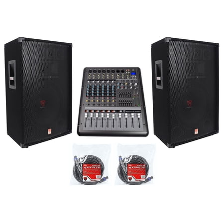 2) Rockville RSG15 15” 3-Way 3000w DJ/Pro Audio PA Speakers+Powered Mixer+Cables
