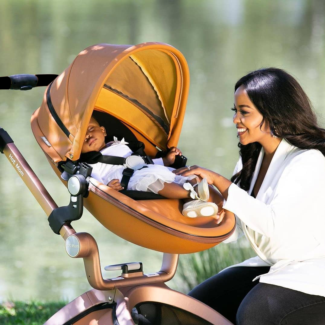 Hot Mom Baby Stroller Reversible Luxury PU Leather Pram,Brown