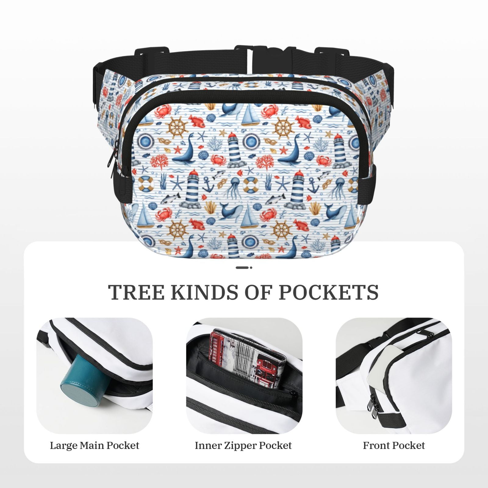 Picia Watercolor Nautical Print Square Double-Layer Waist Bag Mini Adjustable Waist Belt Bag Exercise Running Travel Hiking