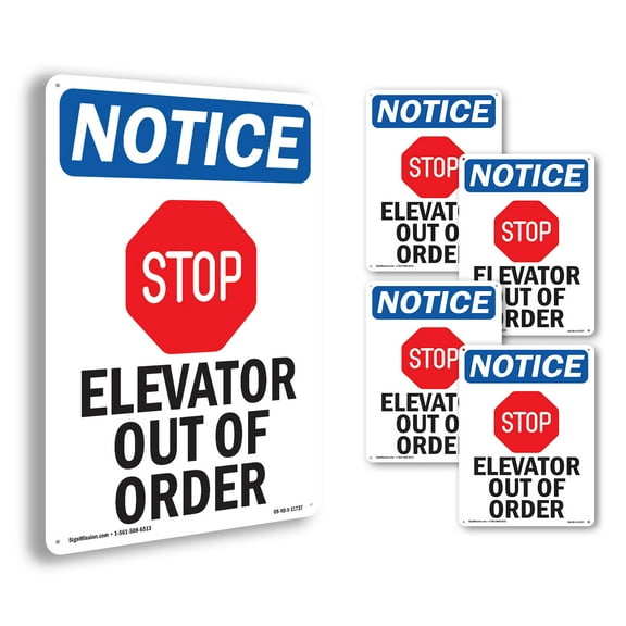 Elevator Out Of Order OSHA Notice Rigid Plastic Sign 10 Inch x 7 Inch - 5 Pack