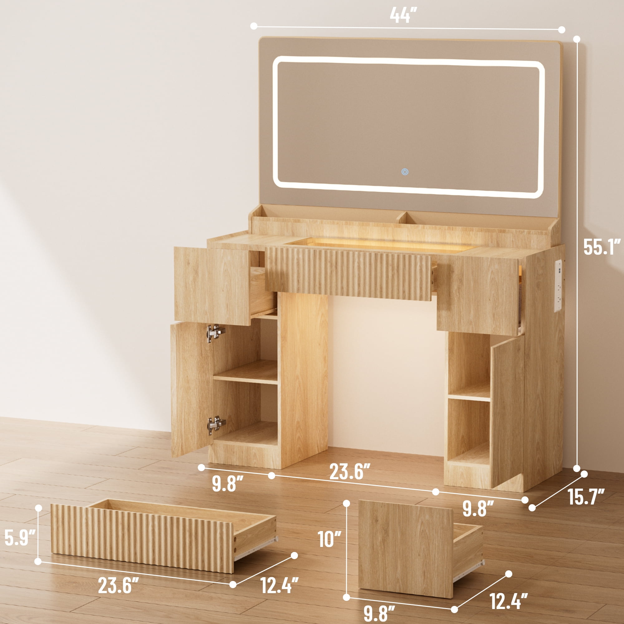 44" Vanity Desk with Mirror and Lights, Glass Top with RGB Lighting Makeup Table with Fluted Storage Drawer, Cabinet,3 LED Lights Modes, Power Outlet for Bedroom