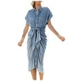 thumbnail image 2 of BSDJILFG Cardigan Dresses for Women Wrap Skirt Lace Up High Waist Button Down 100% Denim Midi Dress with Pockets Fall, 2 of 7