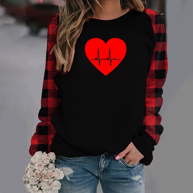 Meichang Hauts de la Saint-Valentin pour Femmes Imprimé Cœur Tee Manches Longues Raglan Col Rond Coupe Ample Sortie Sweat-Shirt Cœur