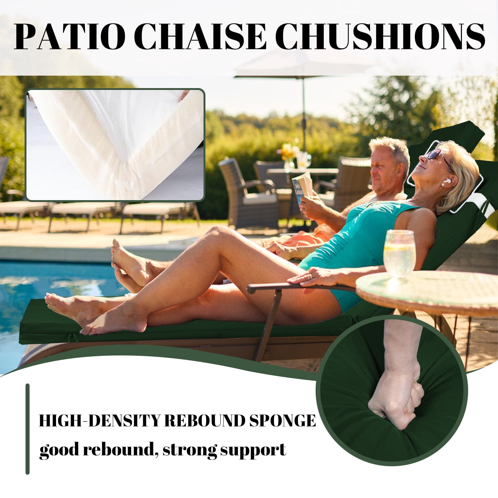 SDJPOI Outdoor Chaise Lounge Cushions Set of 4, 72" x 21" x 3" Thick Patio Furniture Replacement Cushions, Waterproof Lounge Chair Cushion with Headrest & Ties for Pool Beach
