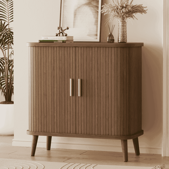 Laintene Sideboard, 31" Buffet Cabinet with 2 Sliding Tambour Doors, Adjustable Shelves for Kitchen Storage Cabinet, Mid-Century Modern Accent Cabinet for Living Room, Walnut