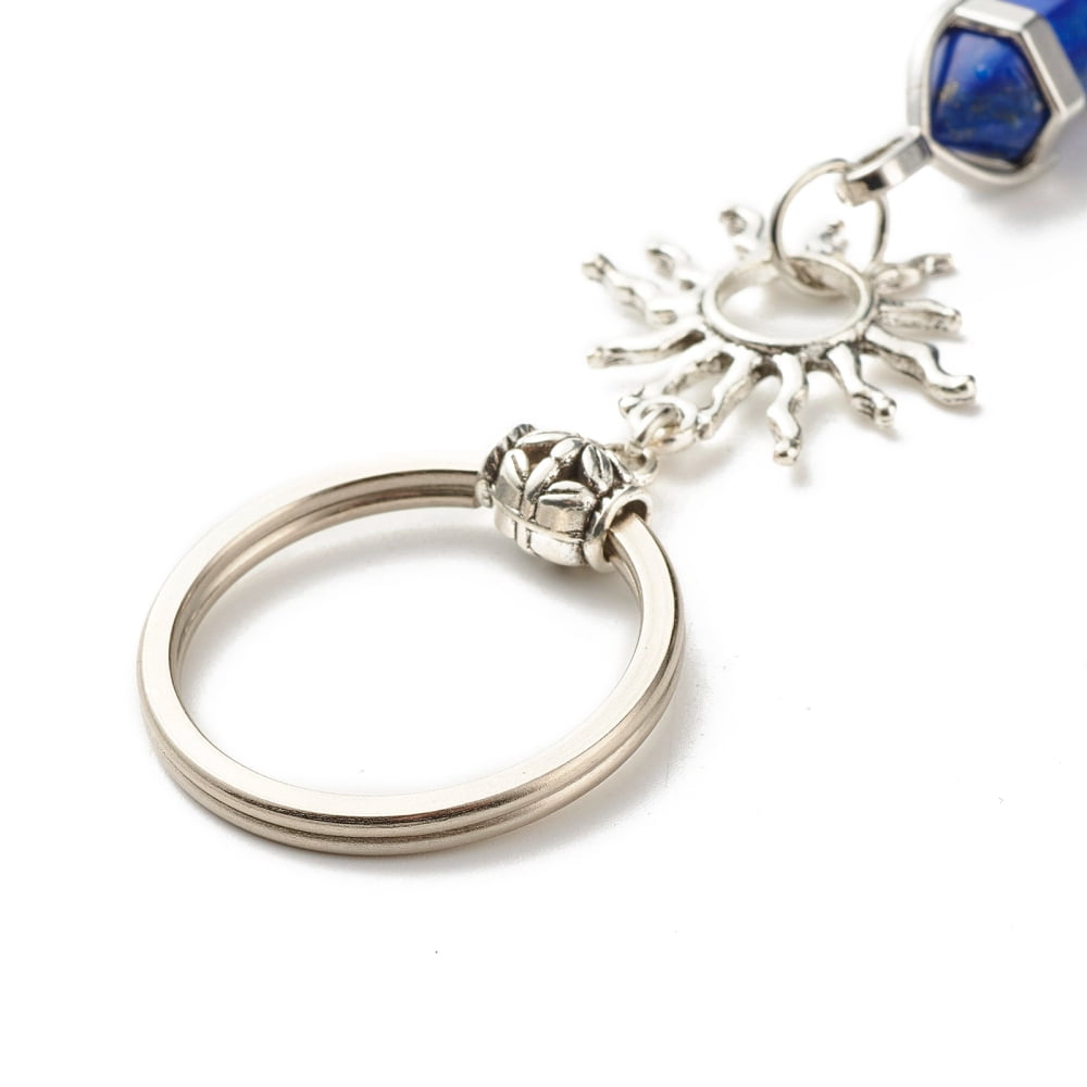 Natural Mixed Gemstone Keychain with Tibetan Style Alloy Pendants Charm Carrier Barrel Tube Bails and Iron Split Key Rings Sun with 9.8cm