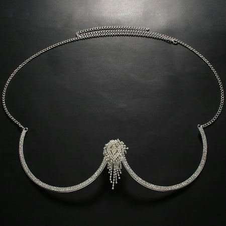 MATROOY Faux Rhinestone Crystal Jewelry For Women Necklace Bra Harness Chest Body-Silver