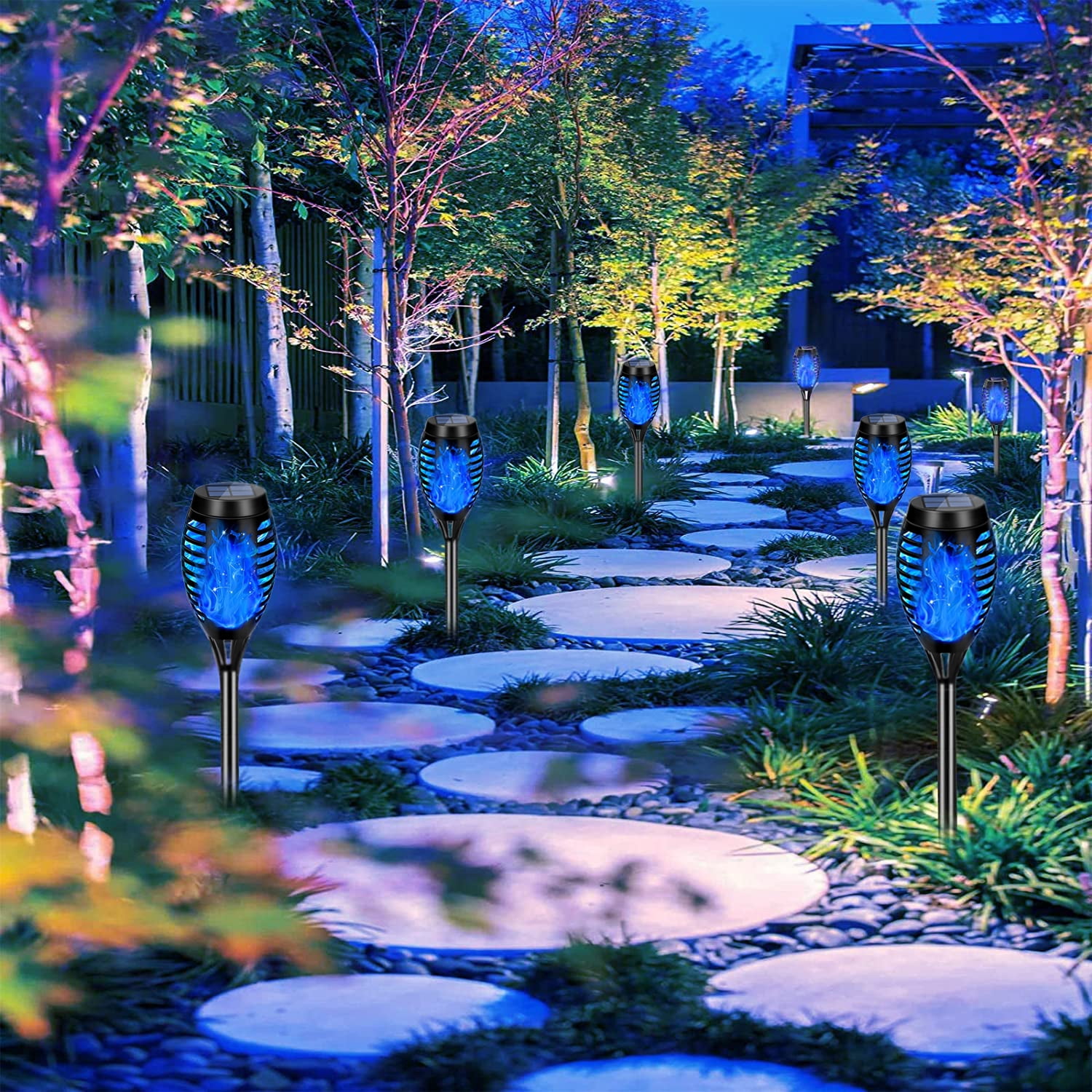 BOPORO Solar Lights Outdoor Waterproof,4Pack Blue Solar Torch Lights with Flickering Flame for Garden Decor,Solar Landscape Lights Decorative for Lawn Yard Pathway