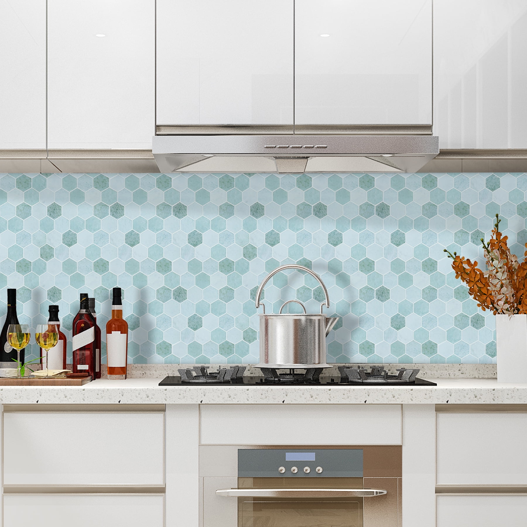 Hexagon Peel and Stick Backsplash, 12"x 12" Self-Adhesive Marble Green Stick on Wall Tiles for Kitchen Bathroom (10 Sheets)