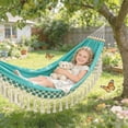 thumbnail image 4 of PoyoKee Hammock with Stand for Outside, Double Hammocks for Outside with Tassels, Heavy Duty Canvas Camping Gear for Backyard, 92 x 53 inch, Green, 4 of 6