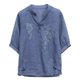 thumbnail image 1 of Camisas de Cuello V de Manga Corta para las Mujeres Lino Bordado Tres Cuartos Suelto Ajuste Cuello Redondo Túnica Blusa Vintage Casual, 1 of 5