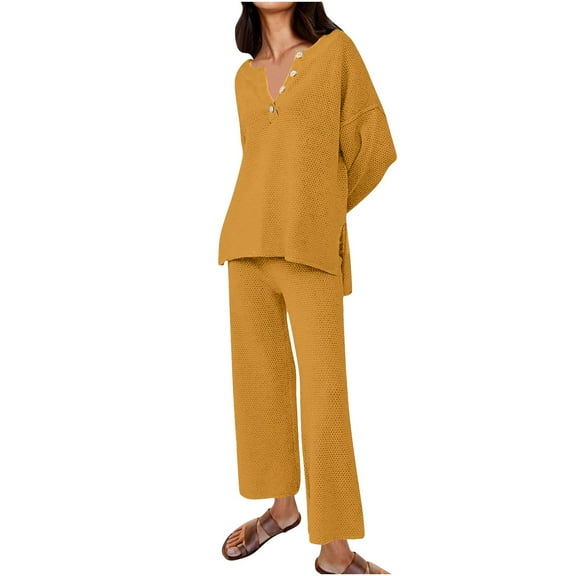 Lenpel Women's Lounge Set Long Sleeve Quarter Button Knit Pullover Tops Casual Pants 2 Piece Fall Fashion Outfits