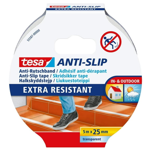 tesa Anti-Slip Tape - Non-Slip Adhesive Tape for Indoor and Outdoor Use - for Stairs Ladders and Smooth Floors - Transparent/White - 5 m x 25 mm