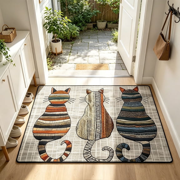 AURIGATE Cute Cat Door Mat 31.49x19.68 Inch, Boho Striped 3 Cats Welcome Rug, Non-Slip Washable Polyester Doormat for Indoor Outdoor Entryway Decor