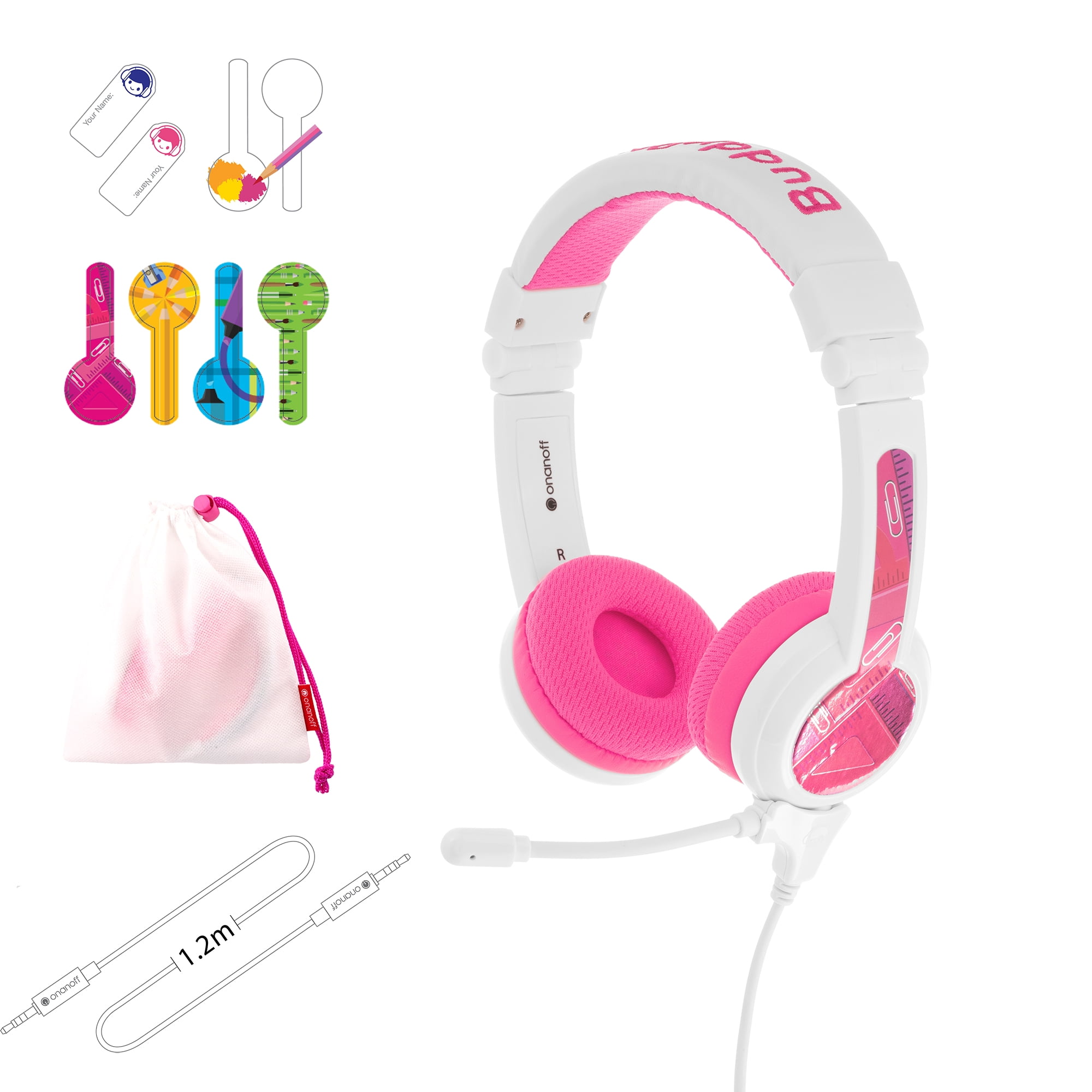 BuddyPhones School+, On-Ear Wired 85dB Volume Limiting Educational Kids Headphones with Detachable Boom Mic, Foldable, Audio Sharing Jack, Customizable Stickers, Adjustable Headband Size, Pink