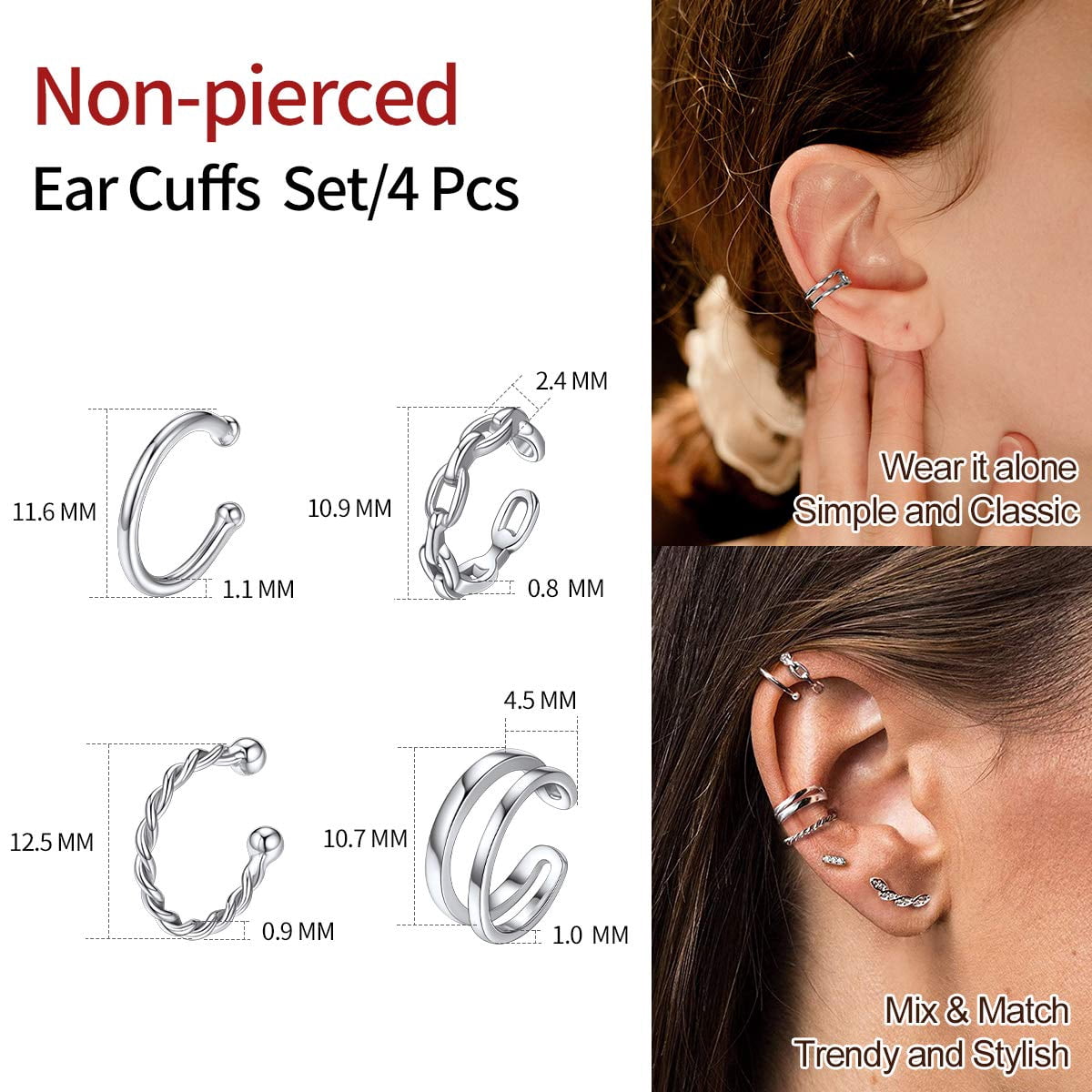 ChicSilver 4Pcs Ear Cuffs for Non-Pierced Ears, Various Styles Women Sterling Silver Cartilage Clip On Fake Earrings Jewelry Gift