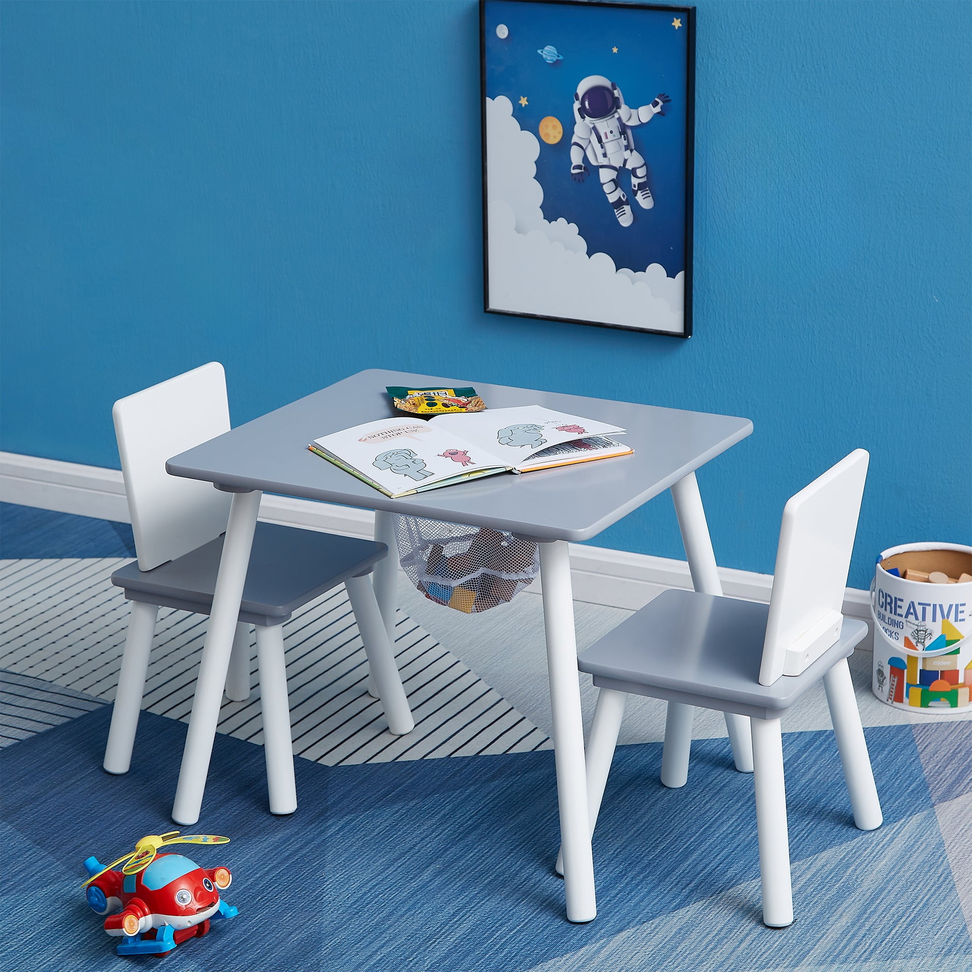 VECELO Kids Table and Chair Set with Storage, Toddler Study Table and Chair for Age 2-8, Small Childrens Activity Table with 2 Seats for Daycare, Classroom, Home, White + Grey