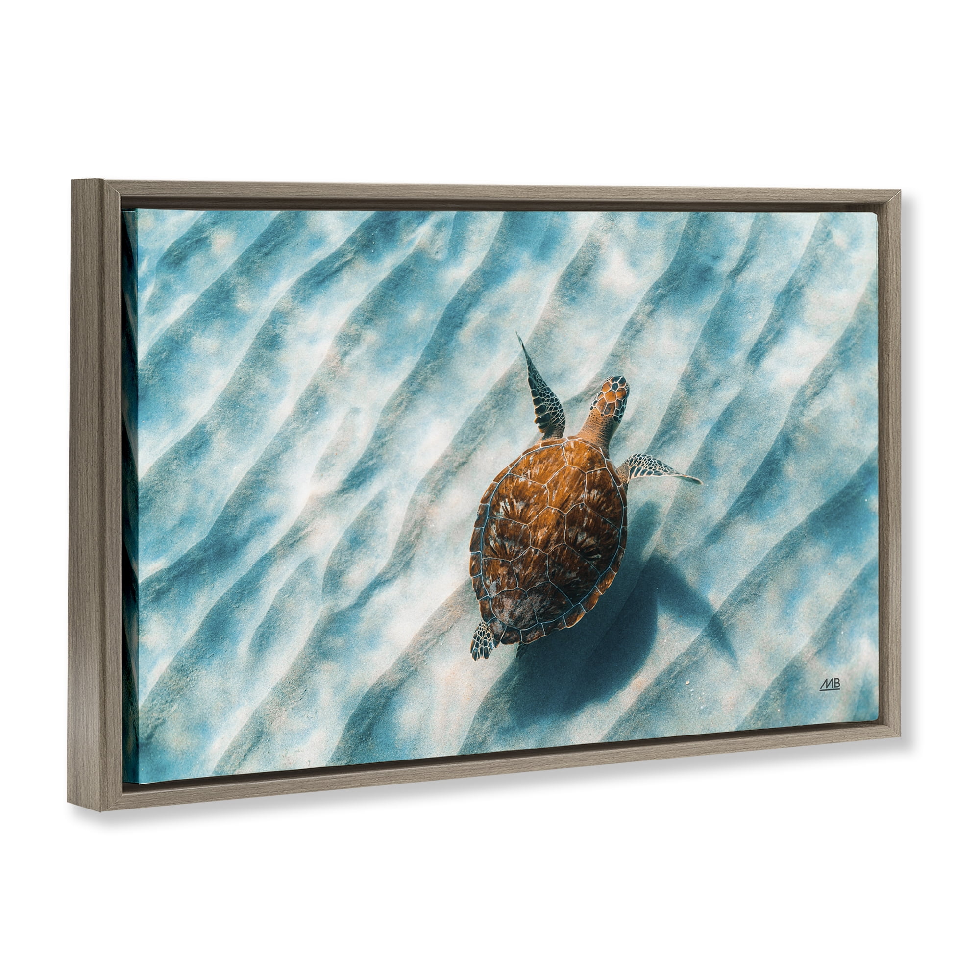 Stupell Industries Sandbar Sea Turtle Animals Photography Brown Floater Framed Canvas Art Print Wall Art, 25 x 17