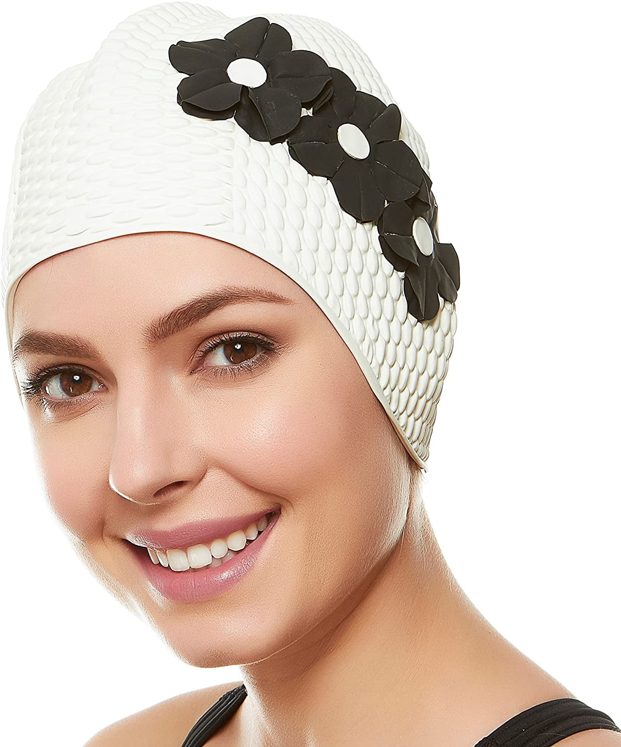 Beemo Swim Bathing Caps for Women Latex Swim Hat White with Black