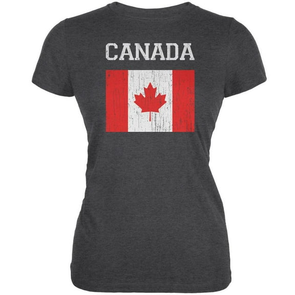World Cup Distressed Flag Canada Dark Heather Juniors Soft T-Shirt - Large