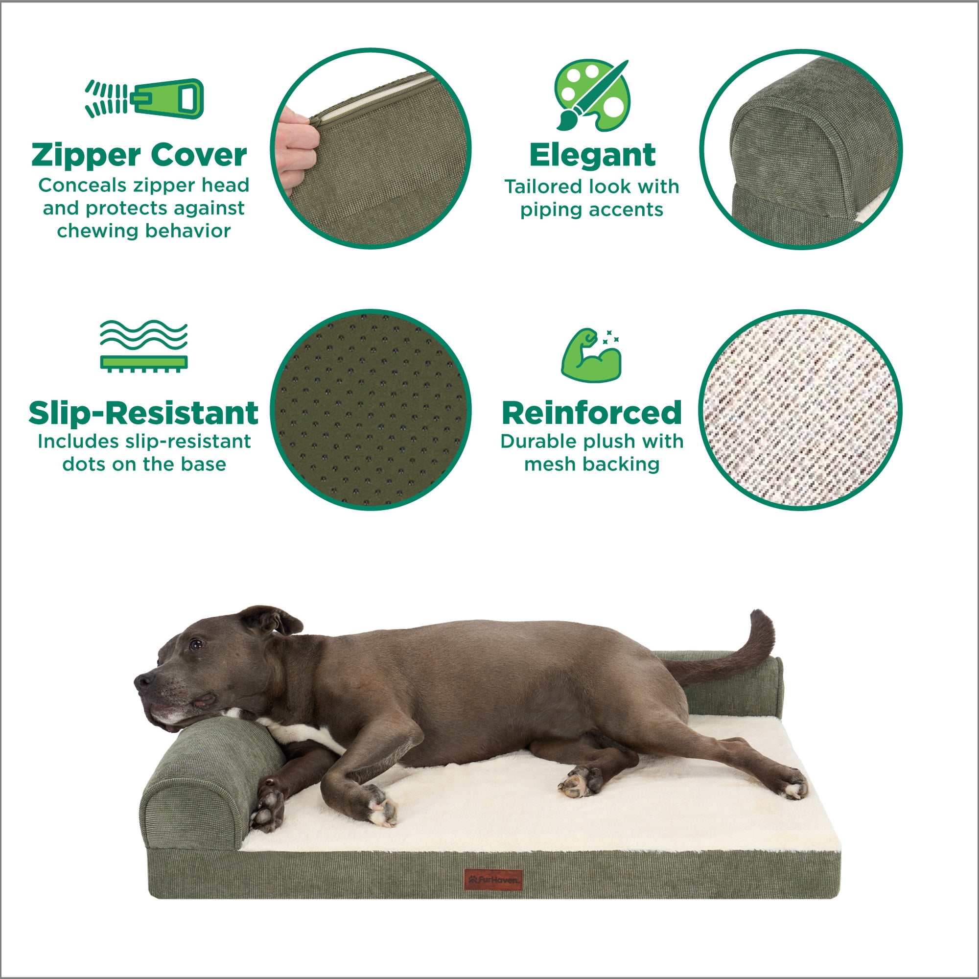 FurHaven Large (36"x27") Cooling Gel Dog Bed – Plush & Grid Cord L-Shaped Chaise Lounge Pet Bed, Removable Washable Cover, Olive