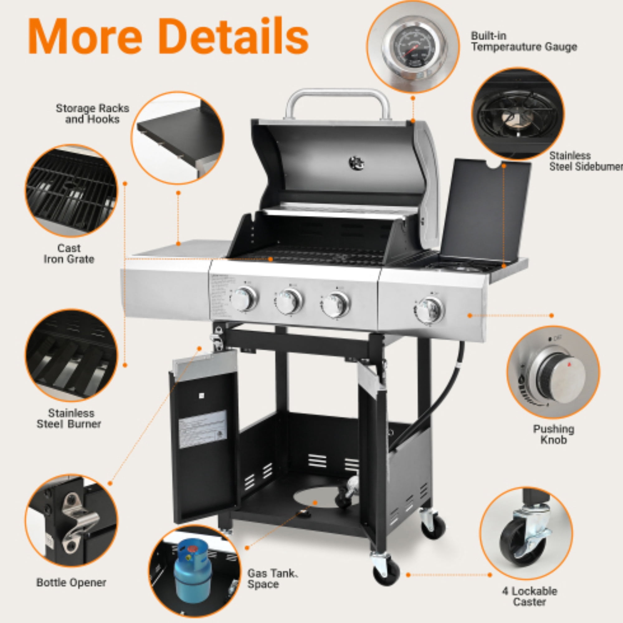 Propane Grill 3 Burner Barbecue Grill Stainless Steel Gas Grill with Side Burner and Cover for Outdoor BBQ, Camping