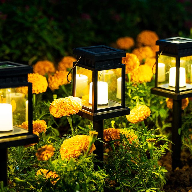 Linterna solar para colgar al aire libre, paquete de 8 luces solares con efecto de vela con estaca para jardín, patio, césped, patio, paraguas, tienda de campaña, árbol, patio, entrada, col JFHHH pequeña