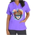 thumbnail image 3 of Jinhomg Womens Holiday Scrub Shirts Funny Mardi Gras Mask Graphic Scrubs Lightweight Comfy Short Sleeve V-Neck Carnival Themed Tunic Top Purple S, 3 of 6