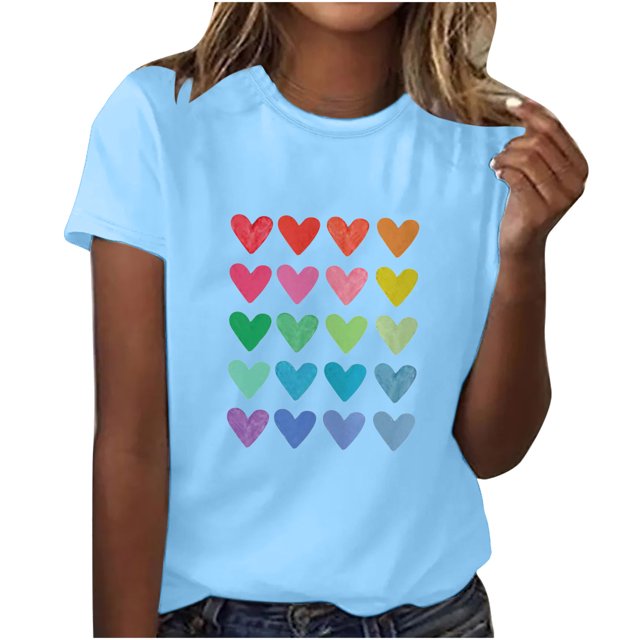 Diufon Hauts de la Saint-Valentin pour Femmes Décontracté Manches Courtes Col Rond Pull Chemise Imprimé Graphique Mignon Tendance