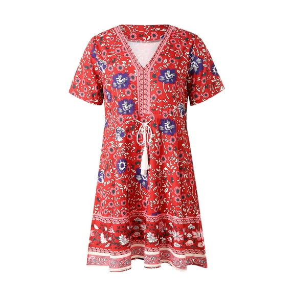SAYOO Women's Bohemian Dresses Floral Short Sleeve V Neck High Waist Drawstring Slimming Casual Short Midi Dress