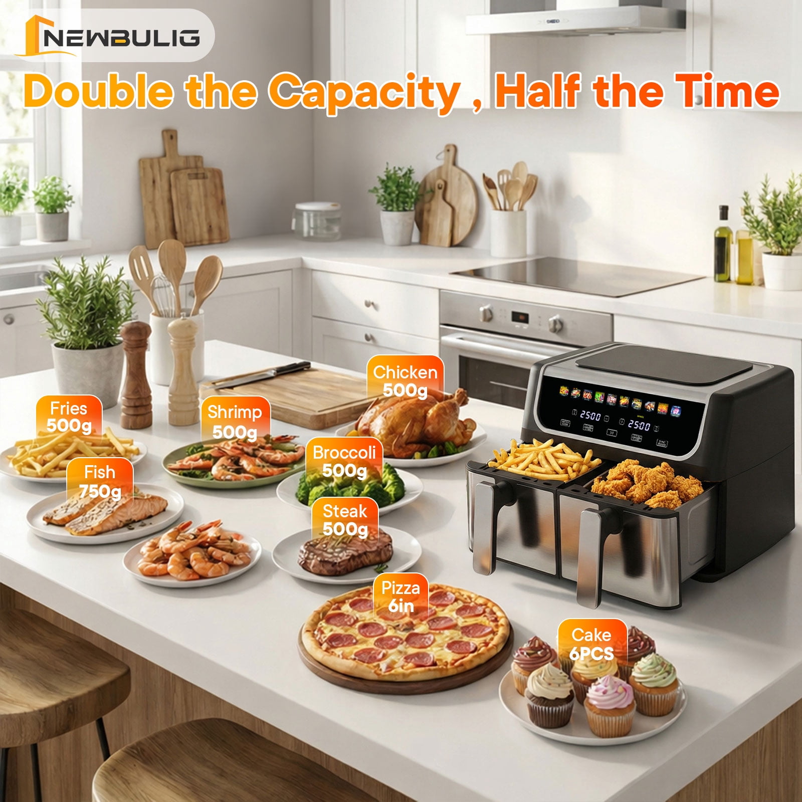 CONCETTA 9QT Dual Basket Air Fryer Oven, 2 Nonstick Baskets, Digital, Easy-View Window, Hi-Fry & Auto Shutoff, Black