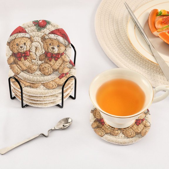 BZSMCE 6Pcs Drink Coasters With Holder 3.94Inch Bears Christmas Hats Creative Coil Coaster Coasters Colors Absorbent Coasters for Drinks Coasters Set Thicken Heat for Home Table