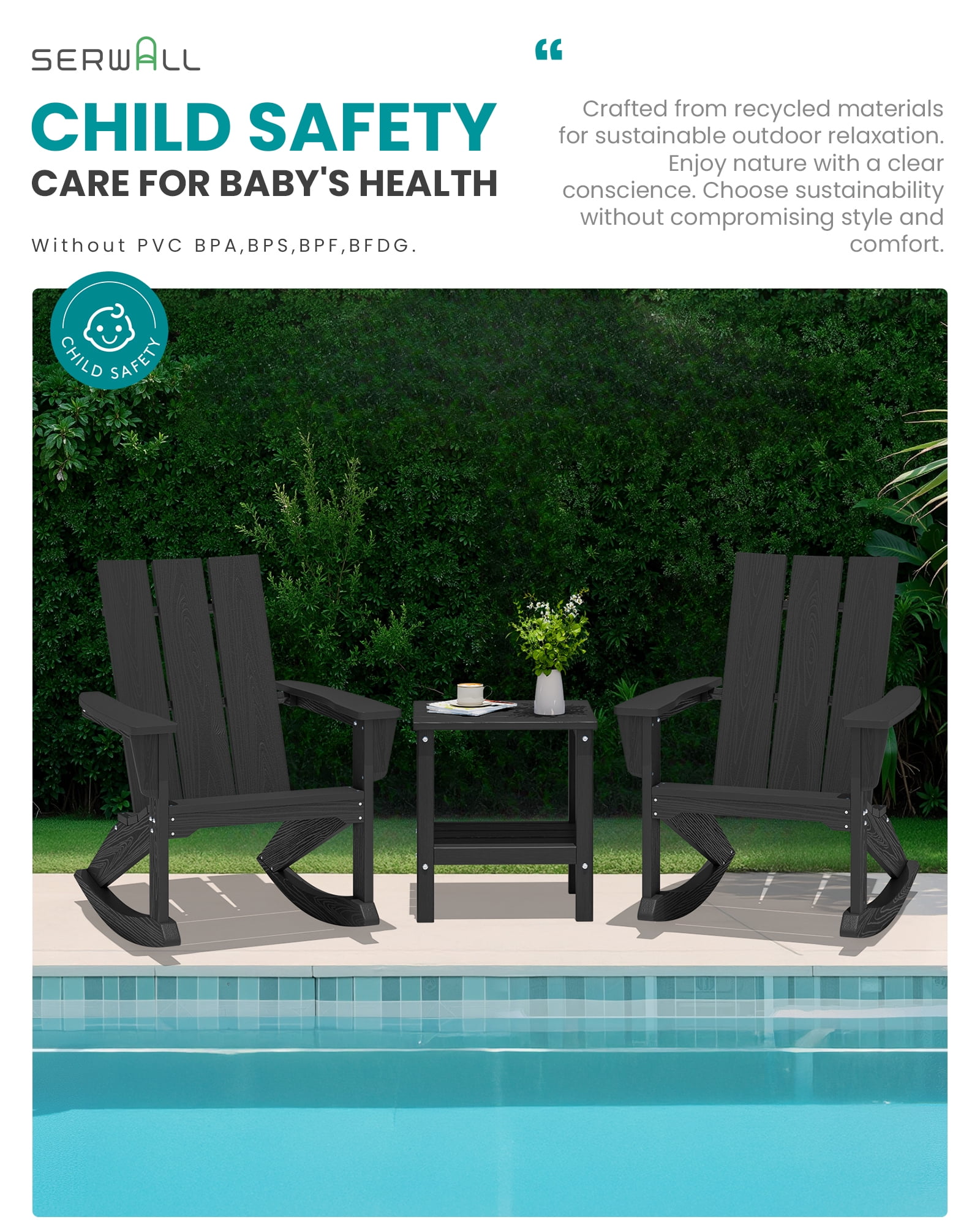 SERWALL Modern Adirondack Rocking Chair, HDPE Outdoor Rocking Chair for Patio, Garden, Backyard, Black