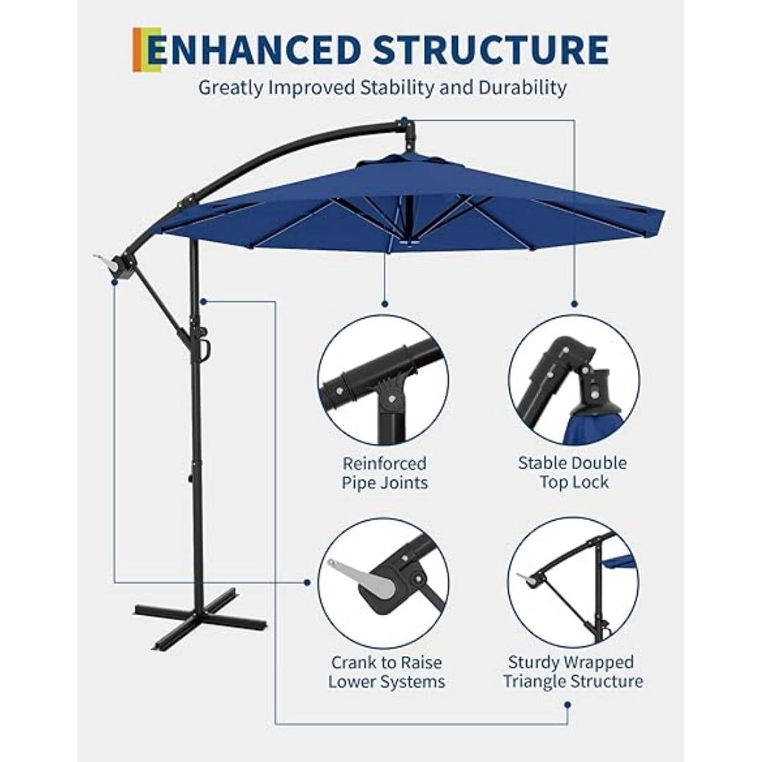 10FT Cantilever Patio Umbrella with Heavy-Duty Cross Base, Outdoor Offset Market Umbrella with Infinite Tilt & Easy Crank Lift – Waterproof, UV-Resistant, Wind-Resistant, Sturdy Aluminum Pole