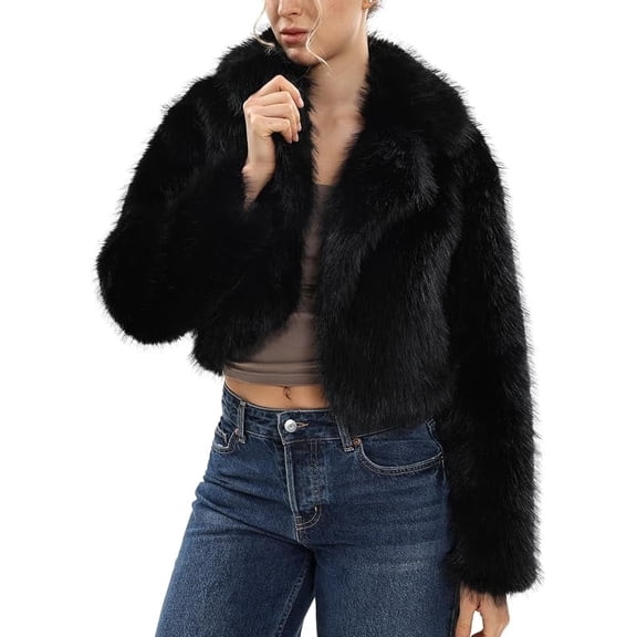 Women's Shaggy Faux Fur Cropped Coat Long Sleeve Notch Collar Short Fluffy Outerwear with Side Pockets 100% Polyester Winter Fashion Fur Jacket