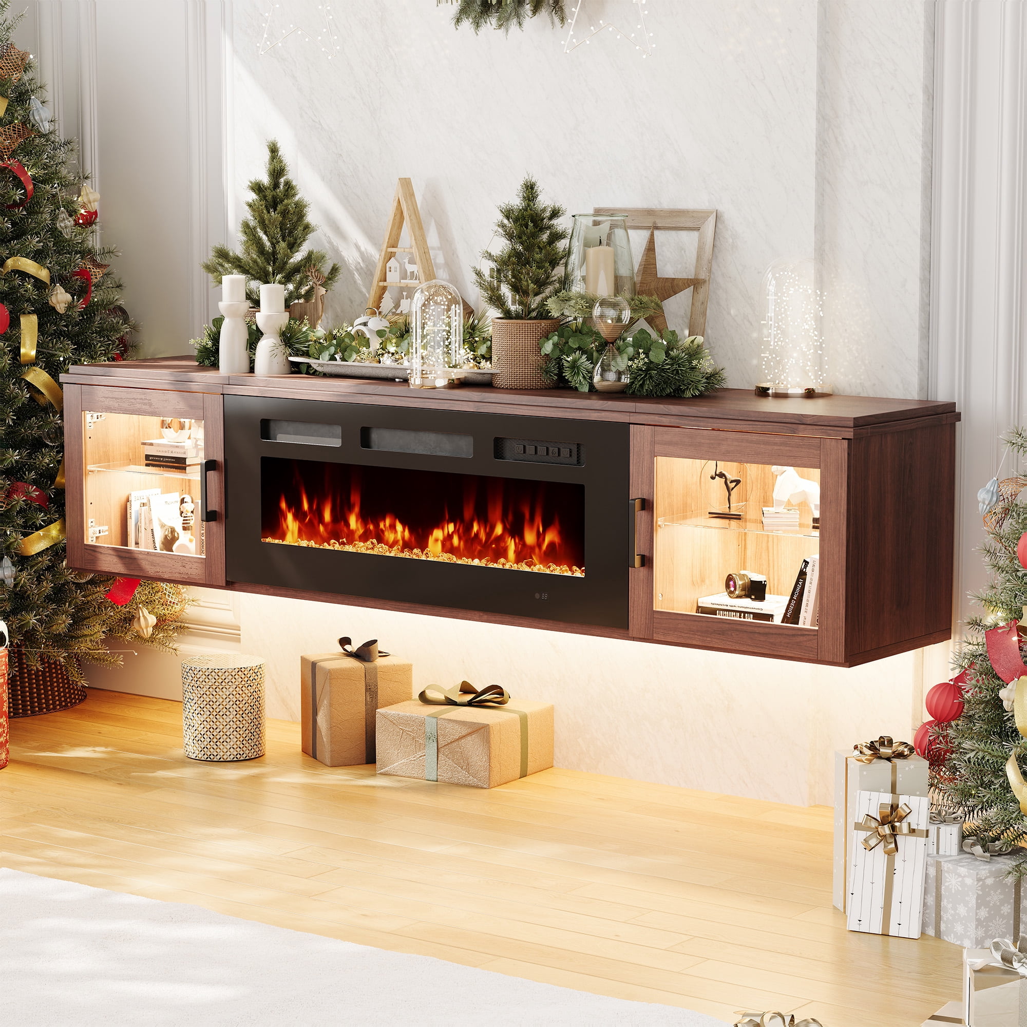 BaPiPro 70" Floating TV Stand for TVs up to 80", Wall Mounted Entertainment Center with 36" Electric Fireplace Heater, LED Lights, Brown