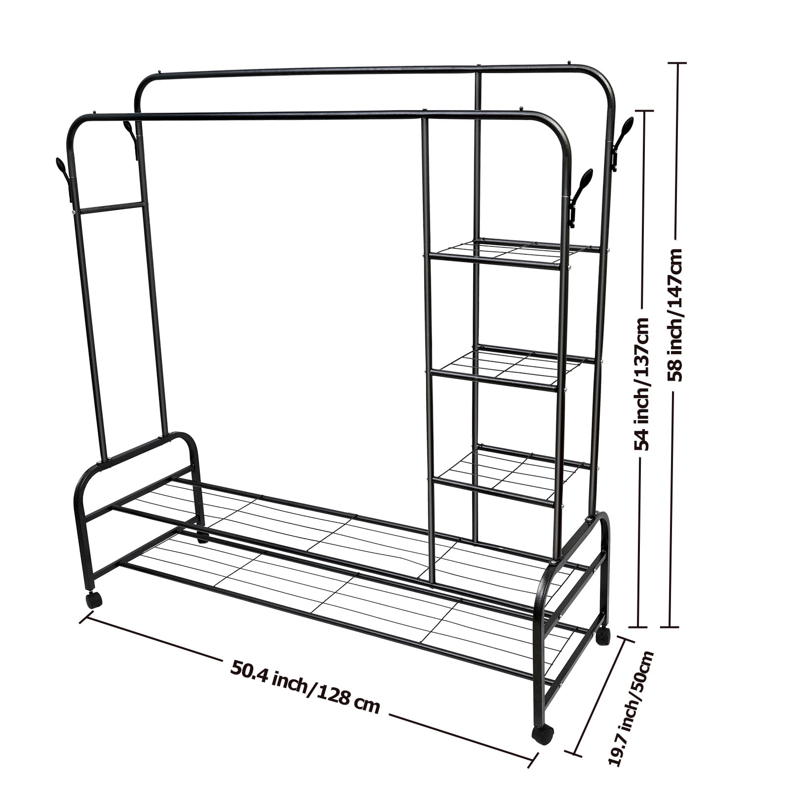 ALSO GO 3-In-1 Double Rod Clothes Rack with 4-Shelf, Metal Clothing Rack with Wheels & 4 Hooks, Portable Heavy Duty Garment Rack with Double Bottom Shelves, Freestanding Organizer  for Bedroom, Black