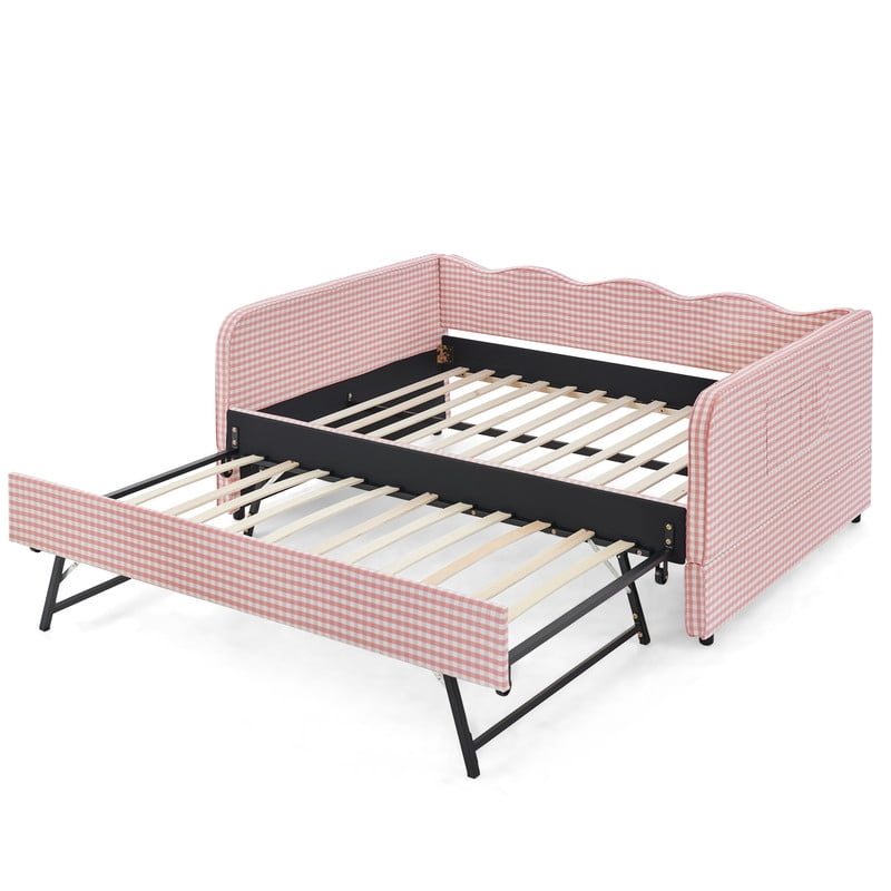 Full Size Daybed with Pop Up Trundle, Gingham Twin to King Daybed with Side Storage Pockets, Upholstered Sofa Bed Frame for Living Room Bedroom, No Box Spring Needed