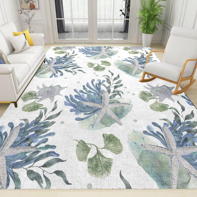 2x3 Area Rugs Coastal Nautical Marine Animals Small Entryway Mats, Beach Theme Seaweed Starfish Pattern Laundry Room Rug Non Slip Rugged Throw Rugs for Front Door Bedroom Bedside