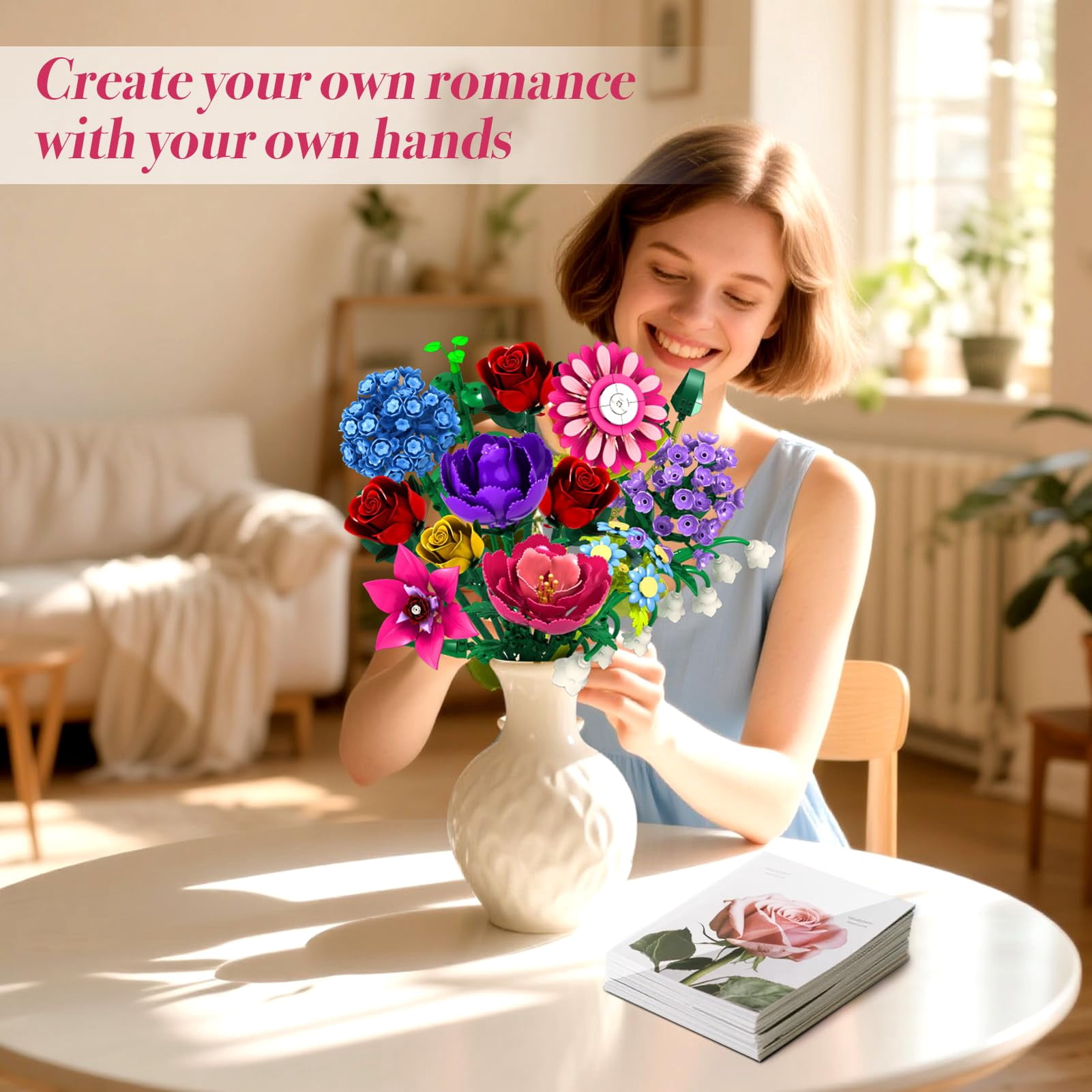 WIDELAND Flower Bouquet Building Set Compatible with Lego, 1020 PCS Botanical Collection Building Block ,  Christmas, Mother's Day, Valentine's Day Birthday Gift Toys for Girls Women 6+