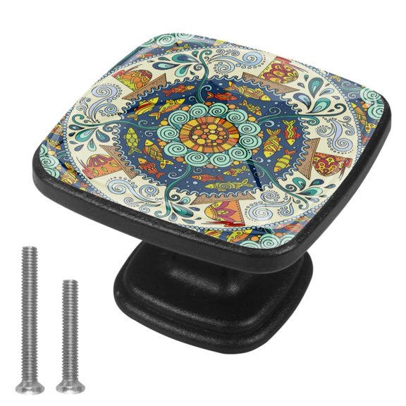 4 Pcs Cabinet Handle Drawer Pulls Vintage Floral Ethnic Knobs with Screws Square Furniture Office Cabinet Knob Decoration
