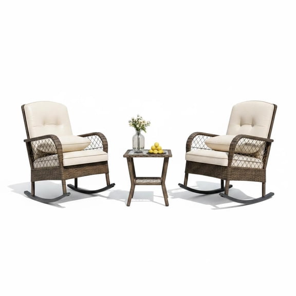 All-Weather Outdoor Wicker Rocking Chair Bistro Set 3-Piece Patio Furniture Ergonomic High-Back rattancushionset of two chairs Brown Blue