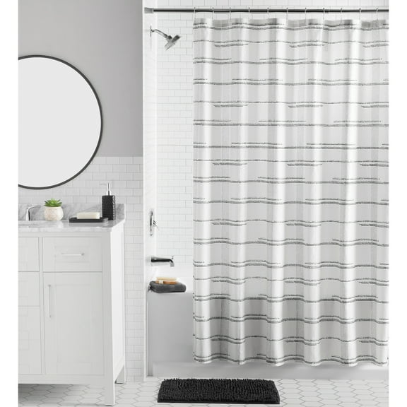 Mainstays 16-Piece Black Plaid Shower Curtain Bathroom Set – Black Fabric Curtain with Rug, Hooks, Soap Pump & Tray