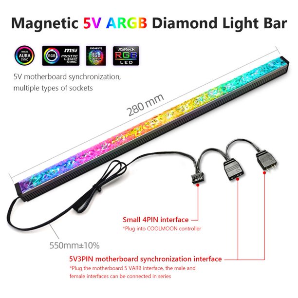 Tira de luces LED ARGB 5 V 3 pines/pequeña barra de lámpara magnética de diamante de 4 pines (negro)