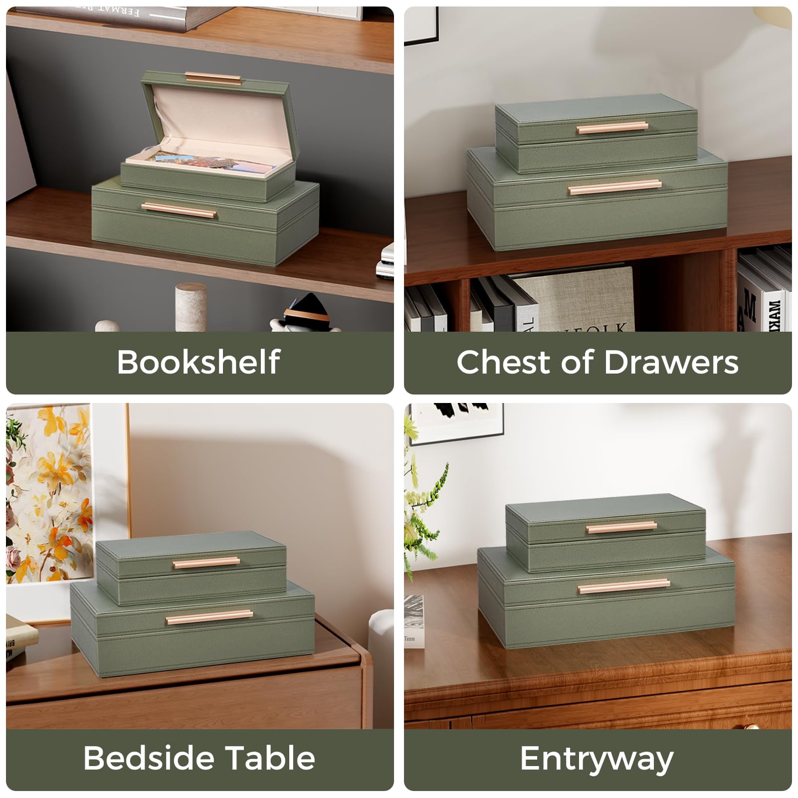 Decorative Boxes With Lids 2-set  Memory Box For Keepsakes Saving Space Beautiful Pu Leather Storage In Style Decor Metal Handles Store Photos Documents Green