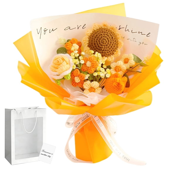 Handcrafted Fiber Crocheted Flowers Bouquet, Finished Sunflower & Rose Arrangement, 13.8 x 13.8 in Artificial Floral Decor with Gift Bag & Card for Mother's Day, Celebrations, Home Decoration