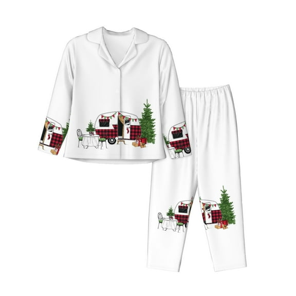 Pajamas for Women Set - Vintage Buffalo Plaid Christmas Camper Comfy Long Sleeve Button Up Pajama Sets for Women 2 Piece, Soft Sleepwear Nightwear Pjs Lounge Sets for Women with Pockets