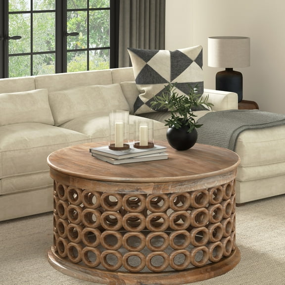 Ox Bay Tiana Round Geometric Wood Coffee Table with Natural Finish, Brown Farmhouse Style, 39" x 39" x 18"