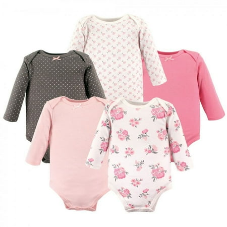 UPC: 0660168552959 | Hudson Baby Infant Girl Cotton Long-Sleeve Bodysuits 5pk  Basic Pink Floral  0-3 Months